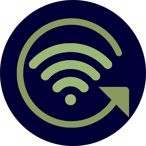 Digitally Sharp Logo: A dark blue circle with  olivine Wi-Fi symbol inside a reload symbol