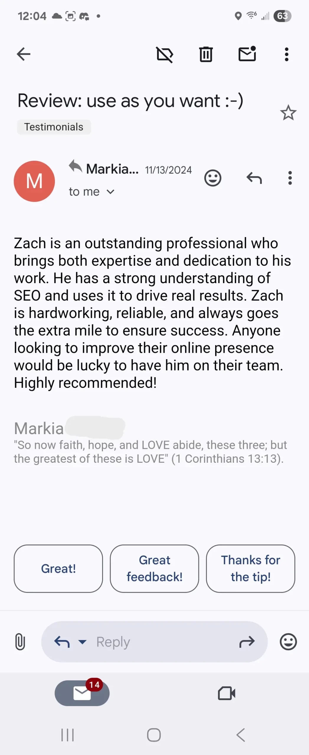 A testimonial from a happy digital marketing client - Therapist